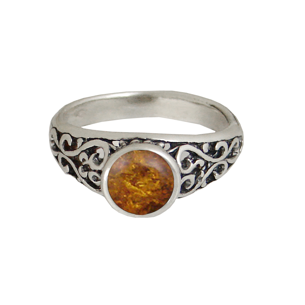 Sterling Silver Filigree Hearts Ring With Amber Size 5